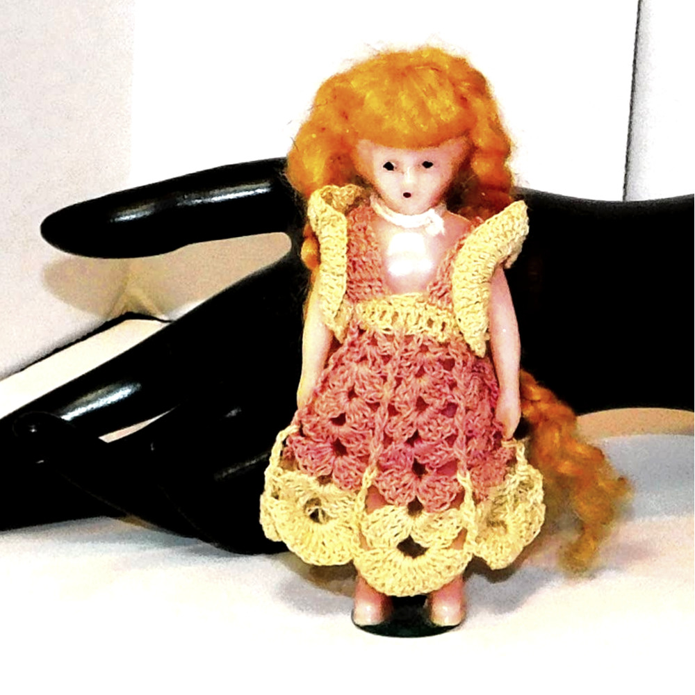 Very Old Vintage Celluloid Doll with Red Braided Hair Standing on Tax To… - Picture 3 of 9